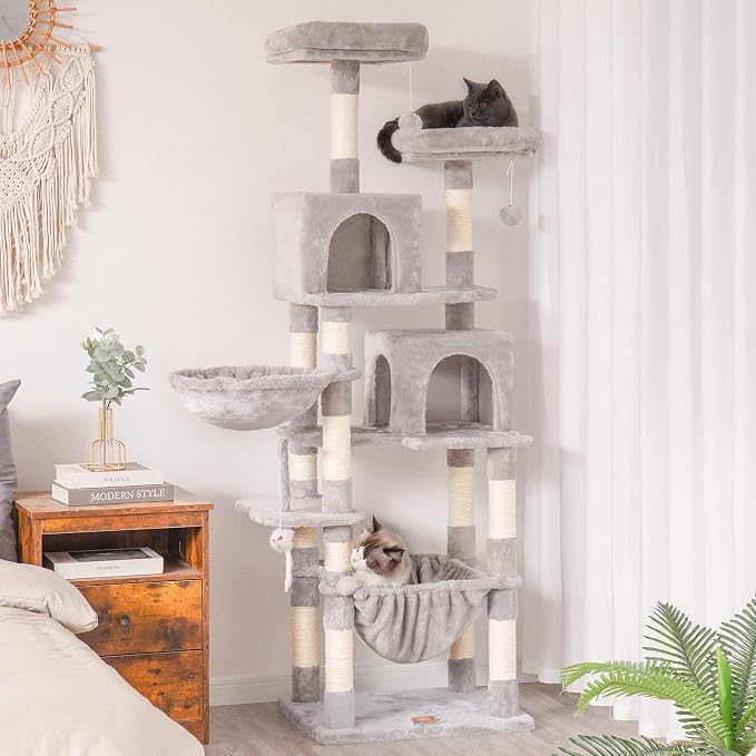 Heybly Cat Tree, 70 inches Tall Cat Tower for Indoor Large Cats HCT032W | Big Cat Condo with Toy , Cat House Furniture with Padded Plush Perch, Cozy Hammock and Sisal Scratching Posts, Light Gray