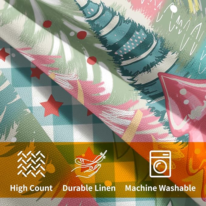 Kawani Xmas Tree Throw Pillow Covers 18x18 Inch Set of 2 Colorful Pink Green Farmhouse Winter Seasonal Cotton Linen Pillowcase for Bed Couch Sofa Patio Indoor Outdoor Home Decor