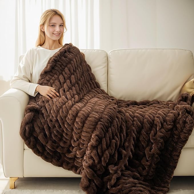 BATTILO Super Soft Faux Fur Throw Blanket for Couch, 50"x60", Double Side | Chocolate Brown Throw Blanket, Silky Bubble Blanket, Thick Warm Mink Cozy Faux Fur Blanket For Bed, Sofa Living Room