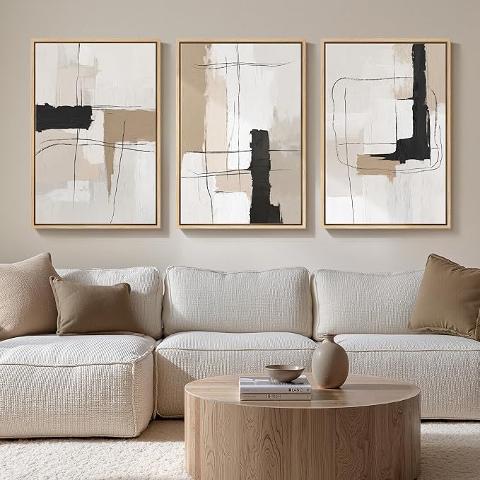 Large Framed Abstract Wall Art, Black and White Beige, 20x30 In, Set of 3 | Neutral modern pictures, Canvas prints, wood frame, Minimalist paintings, Wall decor for Living Room Bedroom Dining Room