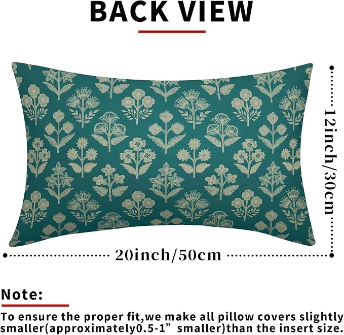 Teal Pillow Covers 12x20 Inch Set of 2, Cream Floral Block Print Pattern Lumbar Decorative Throw Pillowcases Outdoor Farmhouse Rectangle Cushion Covers Spring Summer Sofa Couch Bed Decor