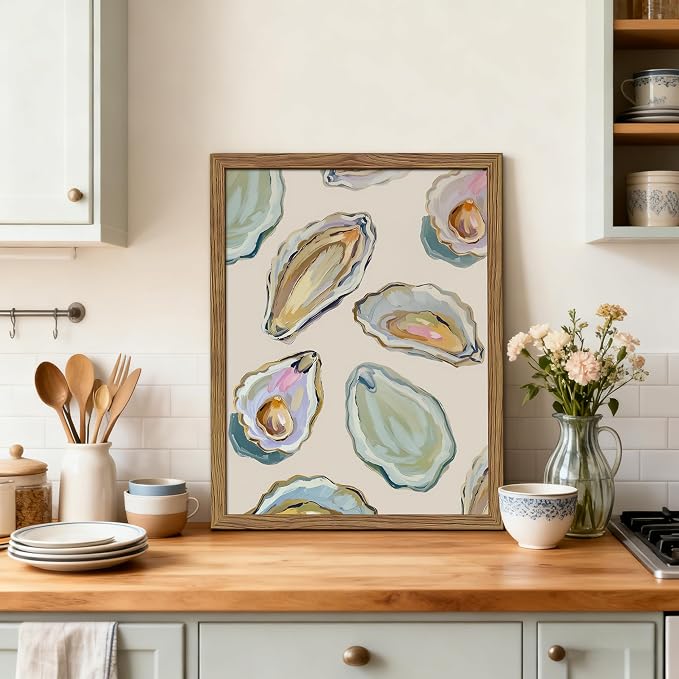 Framed Oyster Shell Canvas Wall Art, Colorful Abstract Wall Art Print, Coastal Beach House Wall Decor, Summer Dining Room Picture Poster, Modern Kitchen Oyster Oil Painting Artwork 8x10 inch