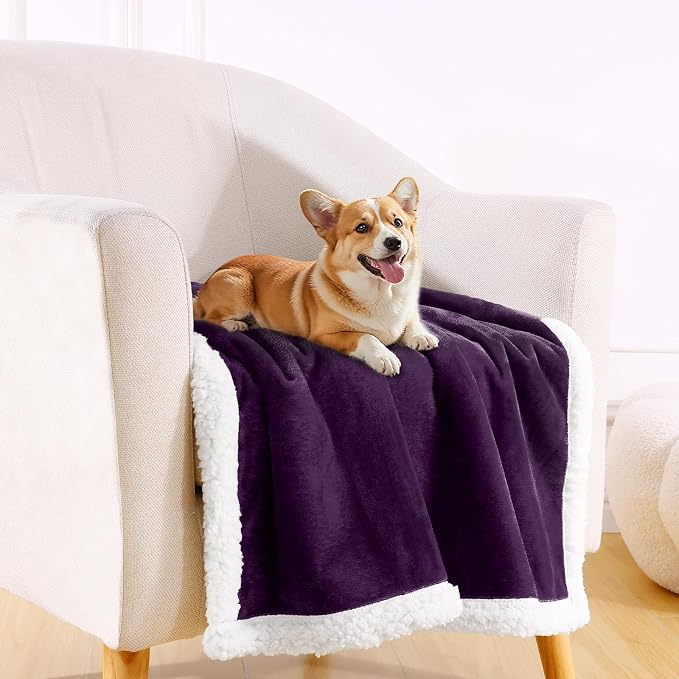 Smiry Waterproof Blanket Throw, Reversible Dog Blanket for Sofa Couch Bed | Soft Leakproof Sherpa Fleece, Washable Furniture Couch Protector for Large Dogs Cats, 50"x60", Dark Purple/White