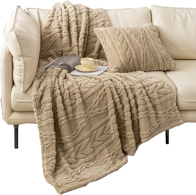YUSOKI Sherpa Fleece Large Throw Blanket, Tan, 50"x65" | 3D Stylish Design,320GSM, Non-Shedding, Lightweight for All Season Use, stays fluffy after repeated washes, Perfect Gifts