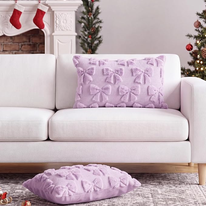 Mixweer Purple Bow Pillow Covers Set of 2 Preppy Room Decor Coquette Cute Spring Summer Decorative Faux Fur Soft Bowknot Stuff Fluffy Plush Aesthetic Pillowcase for Bed Sofa Couch (12 x 20 Inch)