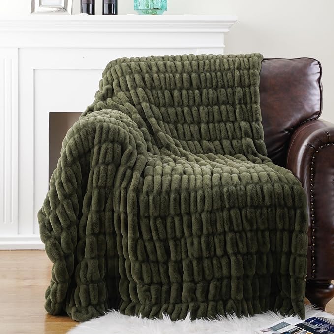 BATTILO Super Soft Faux Fur Throw Blanket for Couch, 60"x80", Double Side | Olive Green Throw Blanket, Minky Couture Blanket, Cozy Warm Fluffy Faux Fur Blanket For Bed, Sofa Living Room