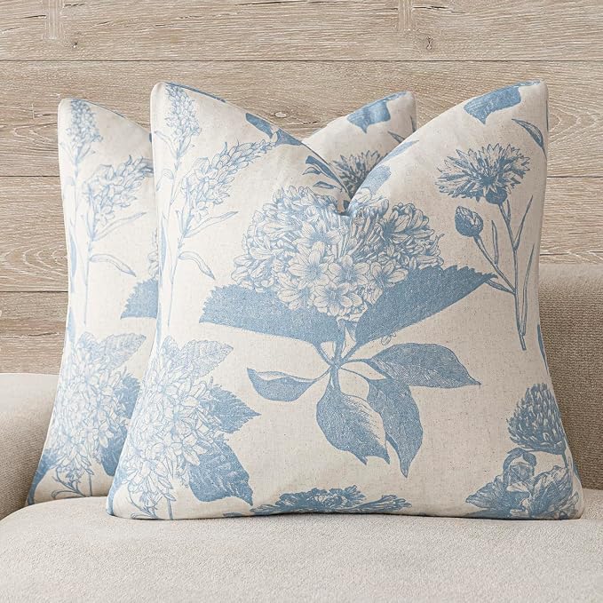 Foindtower Set of 2 Linen Floral Vintage Throw Pillow Covers Neutral Accent Decorative Cozy Cushion Covers Farmhouse Boho Home Decor for Sofa Chair Couch Bedroom Living Room,24×24 Inch,Sky Blue