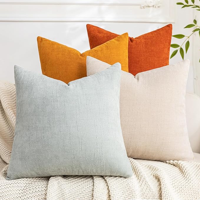 Set of 4 Soft Textured Decorative Throw Pillow Covers 22x22 Inch Cozy Farmhouse Cushion Cover Square Accent Pillow Cases for Bed Couch Sofa Living Room, Beige Aqua Burnt Orange