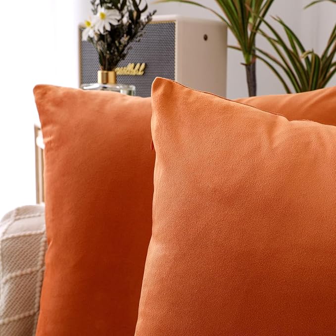 NiNi ALL Orange Velvet Throw Pillow Covers 16x16 Pack of 2 Decorative Couch | Soft Solid Cushion Squar Pillow Cases for Chair Sofa Bedroom Farmhouse Living room Modern Luxury Home Decor Fall Halloween