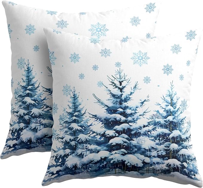 Kawani Winter Blue Trees Pillow Covers 18x18 Inches, Set of 2 Nature Snowy Pine Forest Seasonal Farmhouse Cotton Linen Pillow Cushion Case for Sofa Couch Outdoor Indoor Decorations