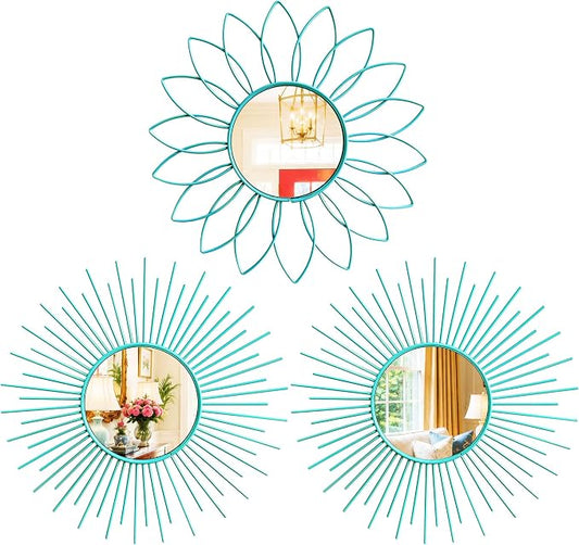 3 Pack Metal Mirrors for Wall Sunburst Wall Mirrors Home Décor Decorative Hanging Wall Art for Living Room Bedroom Entryway (Greenish Blue, Flower+Sunburst)