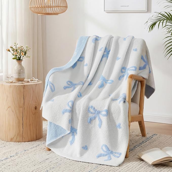 Soft Throw Blanket for Couch-Cozy Reversible Knitted Blankets | Lightweight Warm Fluffy Decor for Women, Mom, Her & Girls, Sofa, Chair, Bed, 50x60in,Bubble Bowknot Blue