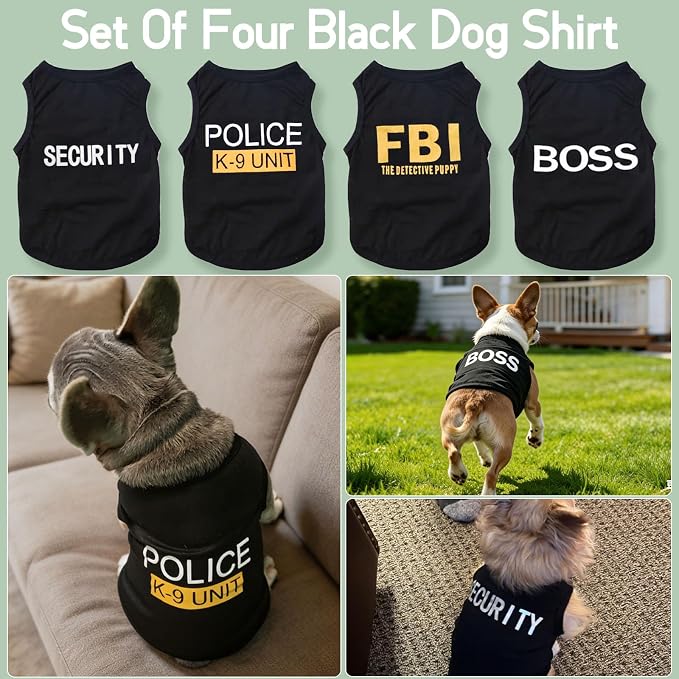 Dog Shirt 4 Pack Pet Clothes K9 Security Boss FBI Vest Costume for Cosplay | Soft Breathable Summer Apparel Funny Cotton Outfit 4 in 1 Sets for Daily Halloween Small Medium Dogs Cat Boy Girl (X-Large)