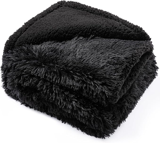 Pet Blankets Waterproof Fluffy Fleece Blanket Cat Dog Blankets Liquid Pee Proof Throw Blanket Reversible Furniture Protector Cover Washable for Couches Beds Sofa 65"x57" Black
