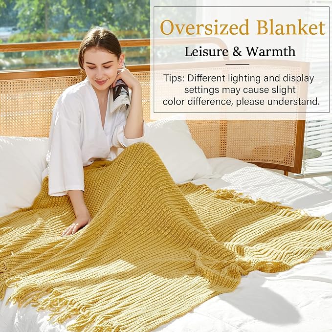Blagic Knit Throw Blanket for Couch with Tassels,Mustard Yellow,50"x60" | Soft Farmhouse Boho Throw Blanket with Tassels,Decorative for Living Room,Gifts for Adults,All Season Use