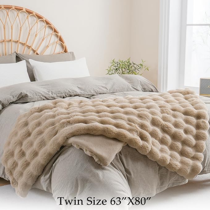 BENVWE Faux Fur Throw Blanket for Couch Bed - Fluffy Soft Thick Bubble Blanket for Living Room Home Decor - Mothers Day Birthday Gifts for Women, Beige, 63" x 80"