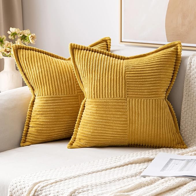 MIULEE Decorative Throw Pillow Covers for Couch 18x18 Inch Mustard Yellow | Boho Broadside Striped Patchwork Pillow Covers, Soft Corduroy Cushion Cases, For Sofa Bed Livingroom Home Decor