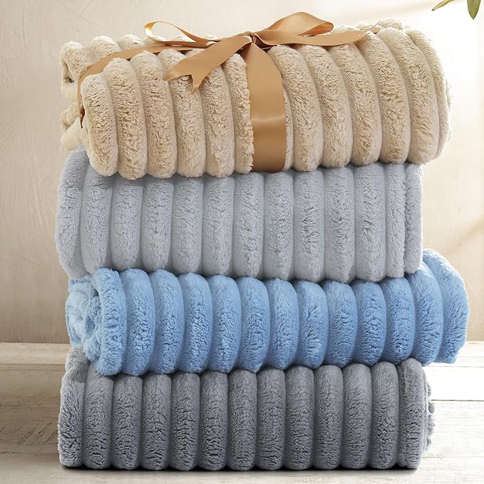 decorUhome Grey Fleece Throw Blanket 50x60 Inches | Soft Couch Cozy Fluffy Plush Flannel Striped Blanket for Sofa Bed, Lightweight Decorative Ribbed Fuzzy Blanket for Woman
