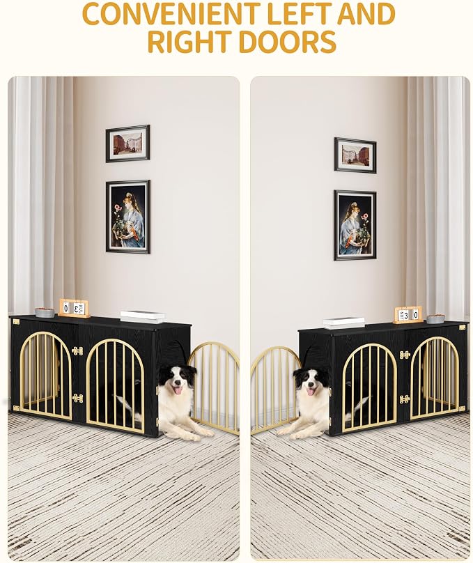 Hzuaneri 39.4'' Dog Crate Furniture,Dog Kennel Indoor for Medium/Large Dogs | Dog Kennel Furniture Wooden Dog Cage Heavy Duty Dog Crate Decorative Pet House End Side Table TV Stand,Black Gold DFC84104A
