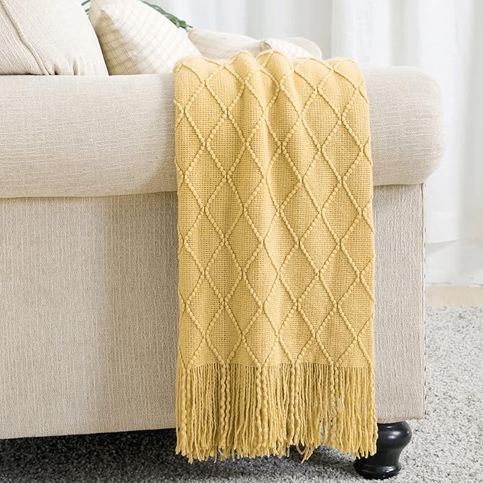 BOURINA Mustard Throw Blanket 50x60 Inch Boho Knit Soft Throw Sofa Blanket | Knitted Throw Blanket 50x60 Inches, Soft Lightweight Boho Weave Throw Decorative Couch Blanket for Living Room Bedroom Chair