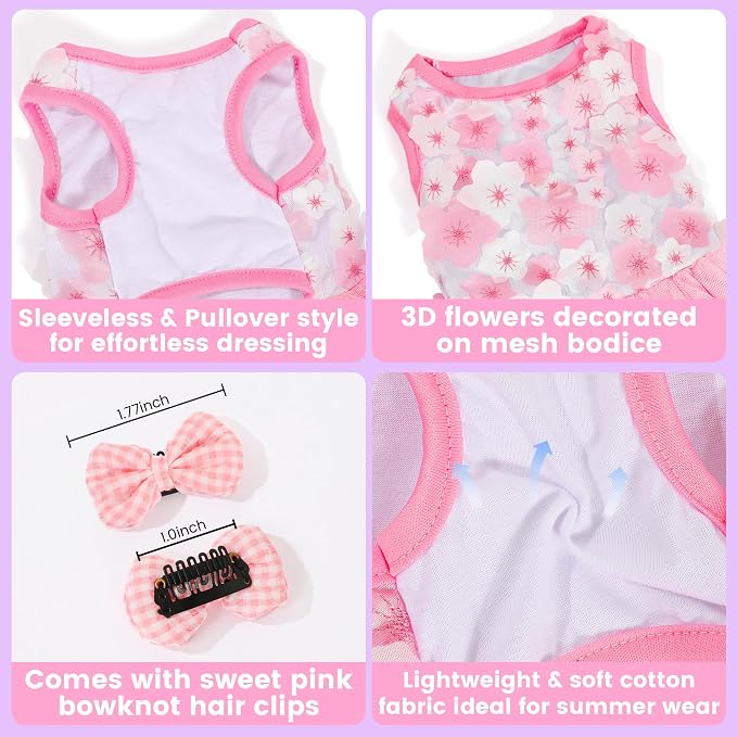Dog Dress, Fashion Puppy Tutu Princess Dresses for Small Dogs Girl, Sweet Skirt with Dog Bowknot Clips, Spring Dog Cat Clothes Pet Apparel (Pink Floral Dress, Medium)