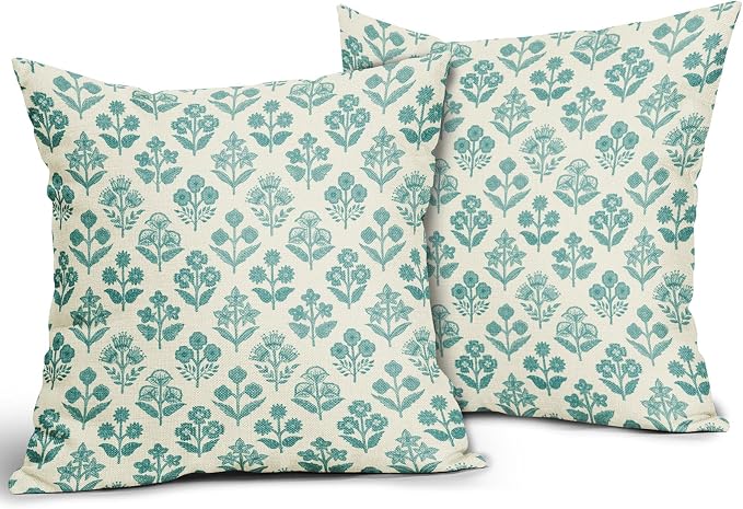 Teal Floral Pillow Covers 20x20 Inch Set of 2, Vintage Flower Block Print Pattern Decorative Throw Pillowcases Outdoor Farmhouse Cushion Covers Spring Summer Rustic Sofa Couch Bed Decor