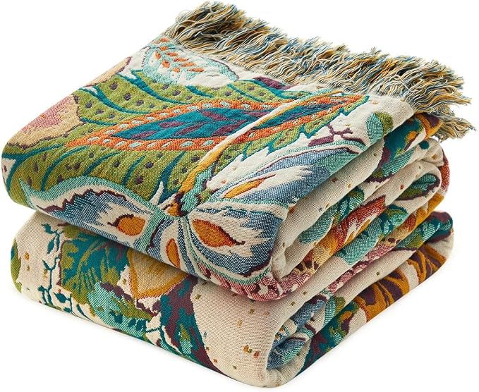 LUTBM Boho Throw Blanket for Bed 60"x80", All Season Cotton Couch Blankets | Reversible Botanical Floral Jacquard, Lightweight Breathable Twin Quilt, For Chair Sofa Living Room Bedroom, Home Decor