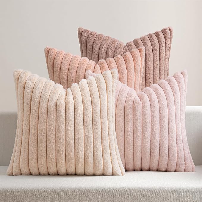 MIULEE Faux Fur Plush Euro Decorative Throw Pillow Covers 24x24, Pink | Set of 4, Striped, Soft Cute Romantic Modern Cozy Home Decor, Cushion Cases for Sofa Couch Bed Living Room