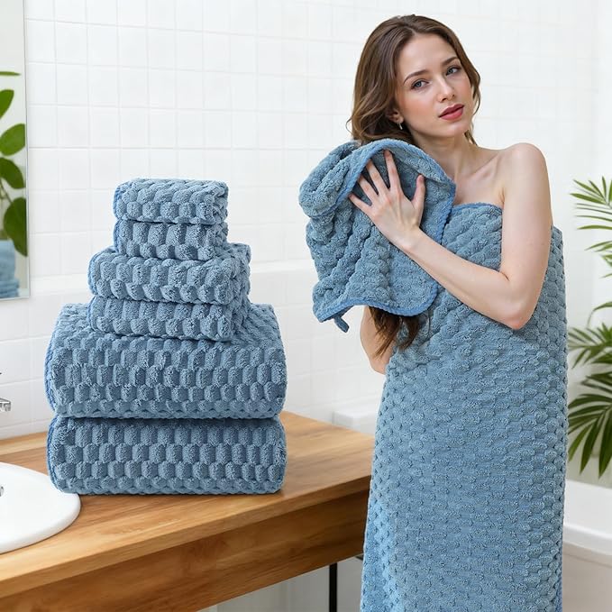 REDKISS Blue Microfiber Towels Set of 6-35x70 Inches Oversized Bath Sheets, Extra Large Bath Towels Set of 6, Super Soft Quick Dry Lint Free Absorbent Waffle Microfiber Shower Towels