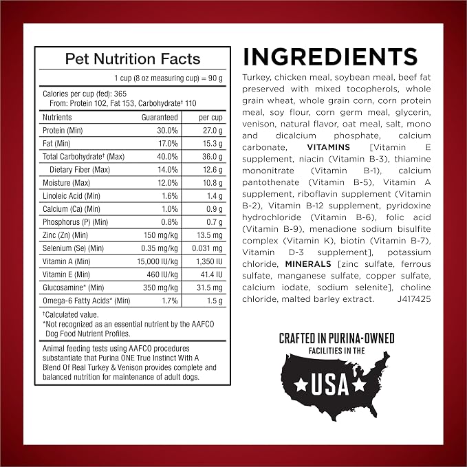 Purina ONE True Instinct Dry Dog Food, Real Turkey & Venison, 7.4 lb Bag | Nutrient dense, with 30% protein to help support strong muscles, natural with added vitamins, minerals and nutrients