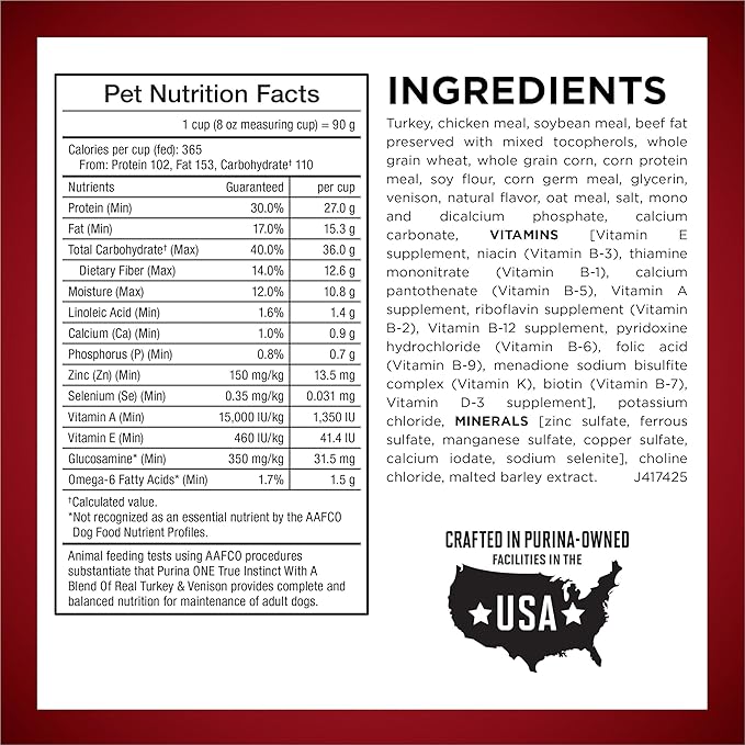 Purina ONE True Instinct Dry Dog Food, Real Turkey & Venison, 27.5 lb Bag | Nutrient dense, with 30% protein to help support strong muscles, natural with added vitamins, minerals and nutrients