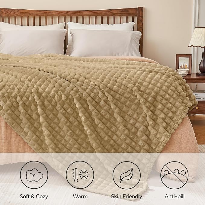 BEDELITE 3D Checked Camel Fleece Twin Throw Blanket for Bed, 60x80 Inch | Soft Warm Fuzzy Fluffy Blanket for Couch Sofa, Lightweight Plush Cozy Throws for Home Room Decor, Gift for Women, All Season
