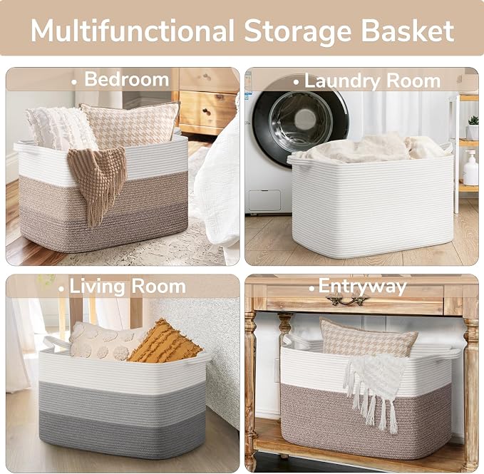 Goodpick Large Woven Blanket Basket 23.6" x 15.7" x 13.8" Cotton Rope Storage Organizer for Dirty Clothes Pillows, Soft Toy Storage Basket for Nursery Home Decor, White & Light Brown