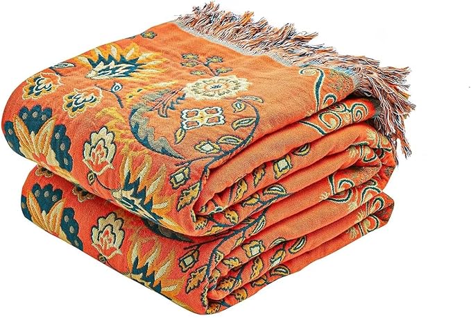 XIBLC Boho Throw Blanket, 100% Cotton Ultra Soft Luxury Throw Rustic Quilt, 90"x98" Floral Printed Farmhouse Decor Bed Summer Blankets, All Season Rustic Reversible Bohemian Throw for Bed - Orange