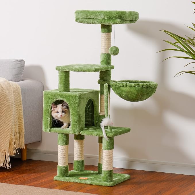 Heybly Cat Tree with Toy, 43.3 inch Cat Tower for Indoor Cats HCT004SGR | Cat Condo with Durable Sisal Scratching Posts, Cat House with Padded Plush Perch, Cozy Hammock, Green