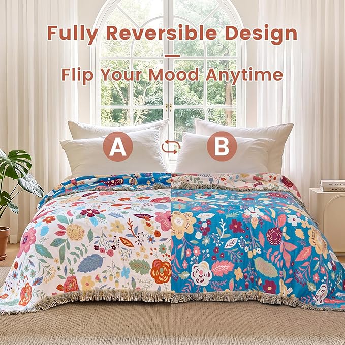 MSGKV Boho Throw Blanket 60"x80" Summer Cotton Floral Twin Size Blanket | Muslin Throw, Twin Size Blanket, Floral Pattern, Reversible Woven, Lightweight Comfort, Farmhouse Decor, Machine Washable