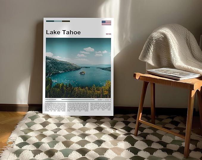 Poster Lake Tahoe Wall Art Original Design(24"x16" Golden Frame) Emerald Bay California Nevada Landscape Print Sierra Nevada Mountains Nature Scenery Alpine Lake View Travel Photography Picture