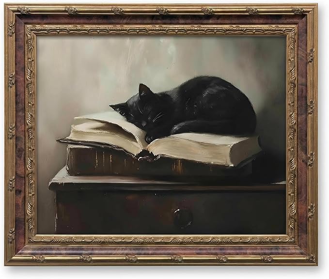 Vintage Moody Gothic Black Cat Wall Art, Dark Academia Cat Canvas Print, | Sleeping Cat on Antique Books Painting Poster, Literary Picture Wall Decor for Living Room Bedroom Office 8x10 In