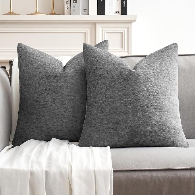 MIULEE Pack of 2 Dark Gray Decorative Pillow Covers 18x18 Inch | Soft Chenille Couch Throw Pillows Farmhouse Cushion Covers for Home Decor Sofa Bedroom Living Room