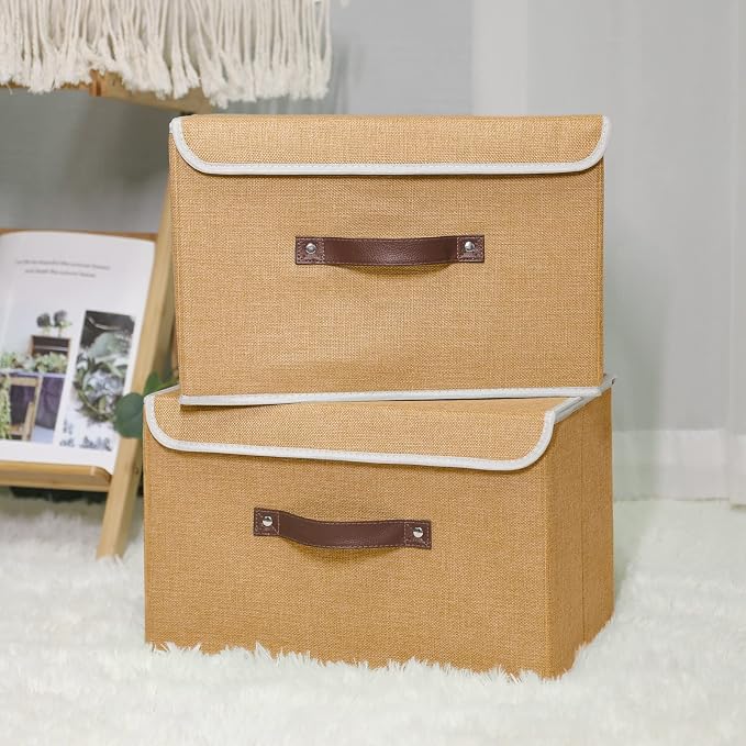 ANMINY Fabric Storage Box Bins with Lids, Khaki, 13"x9"x7.9", 4 Pack | Keepsake Memory Storage, Cotton Linen, PP Board Reinforced, Washable, PU Handles, Foldable & Stackable, Decorative, Medium