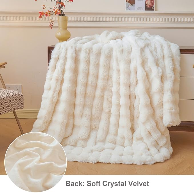 LIFEREVO Luxury Fluffy Faux Rabbit Fur Throw Blanket 50x60, Beige | Plush Shaggy Bubble Blanket for Bed Couch Sofa Office, Decorative Soft Cute Furry Ivory Throw for Kids Teens Adults, Washable