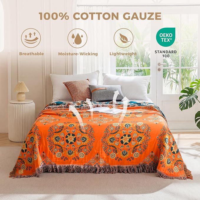 LUTBM Boho Throw Blanket for Bed 60"x80", 100% Cotton Orange Couch Blankets | Soft Reversible Floral Jacquard, All-Season, Twin Quilt for Chair Sofa Living Room, Lightweight & Breathable, Home Decor Gift