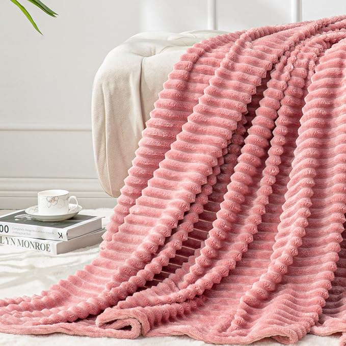 BEDELITE 3D Ribbed Jacquard Pink Blankets Queen Size for Bed, 90x90 Inch | Soft Warm Decorative Fluffy Blanket, Cozy Fuzzy Lightweight Plush Fleece Throw Blankets for Bed, Room Decor, Gift for Women