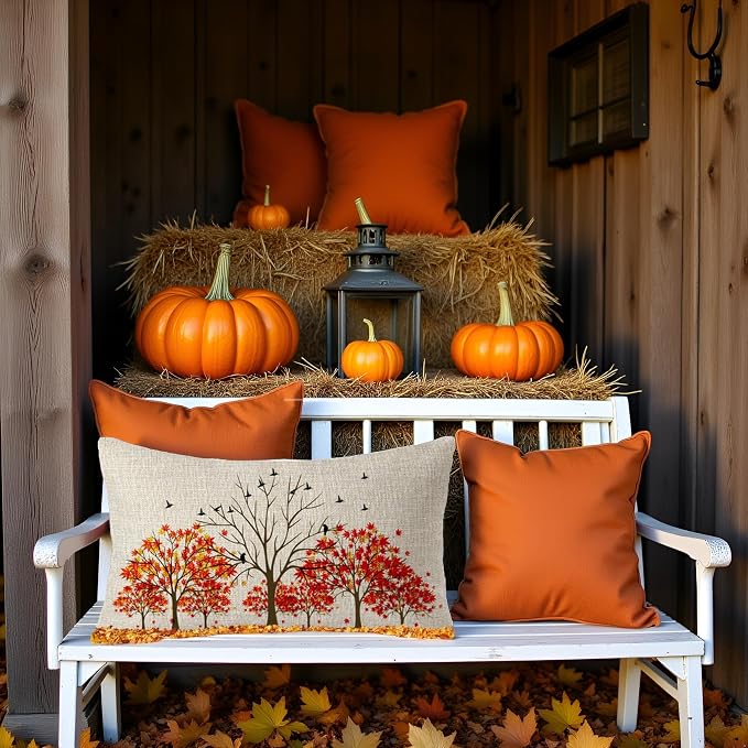Autumn Throw Pillow Cover 12" x 20'' inches Linen Red Maple Leaves | Boho Pillow Covers Soft Family Home Gift Cushion Case Decorative
