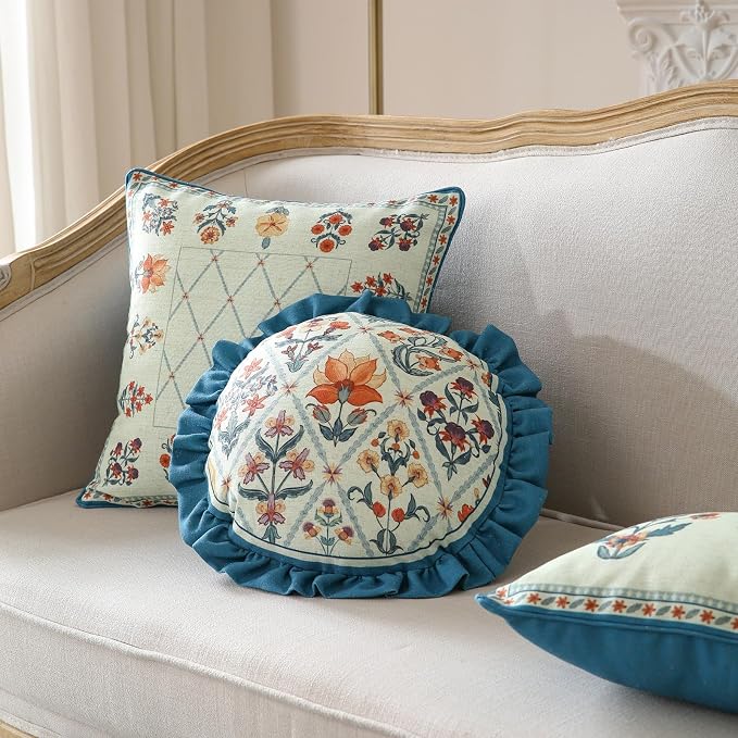 Linen Round Throw Pillow Cover,Set of 2,Diameter 16"-Floralsea A | Designer French Elegant Pillow Cover,Concealed Zipper Design,Sofa,Bedroom,Living Room,Lounge Chairs,All Season Home Decor