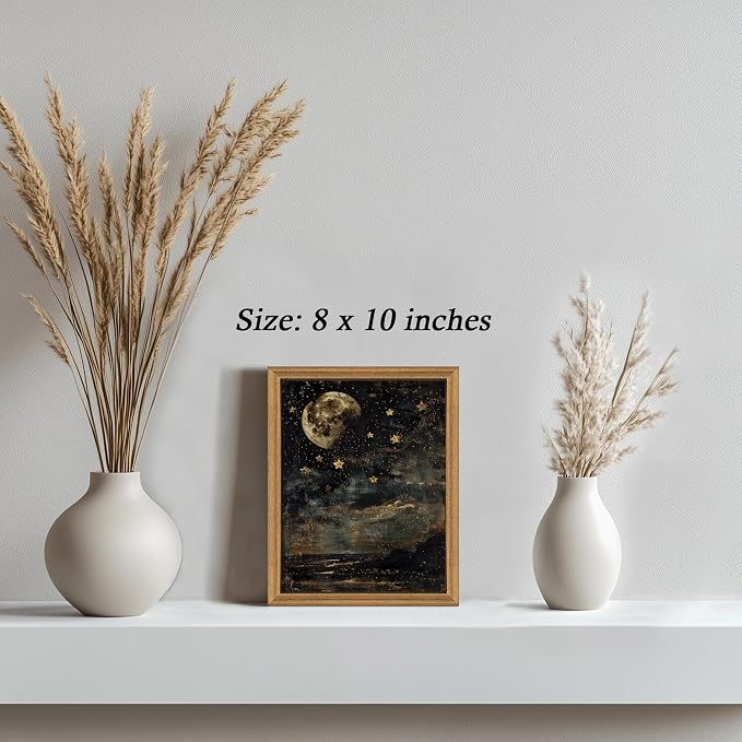 ICHZUMW Framed Moon and Stars Celestial Vintage Canvas Wall Art 8x10 In | Dark Moody Night Sky Painting, Gothic Dark Academia Wall Decor for Bedroom Living Room Bathroom Office, Ready to Hang