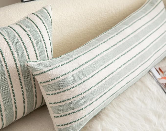Cethom Decorative Boho Lumbar Pillow Covers, Modern Farmhouse Couch Pillowcase, 14 x 36 Long Accent Body Throw Pillow Covers, Sofa Bed Living Room Decor Cushion Case, Green and Beige, Pack of 1