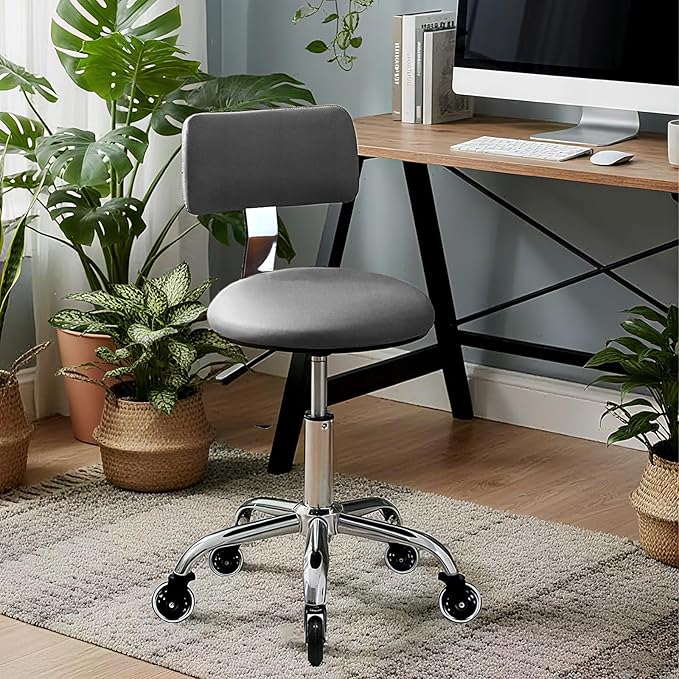 Rolling Stool Chair with Wheels, Height Adjustable Stool with Back Support, Heavy Duty Rolling Shop Chair with PU Leather Seat Cushion for Salon Spa Massage Kitchen Vanity Garage Tattoo Dentist(Grey)