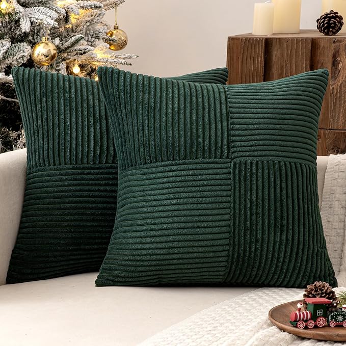 MIULEE Army Green Decorative Euro Sham Pillow Covers 24x24 Inch 2 Pack | Boho Farmhouse Pillow Covers, Soft Cross Corduroy Patchwork Textured Cushion Cases For Couch Bed Sofa