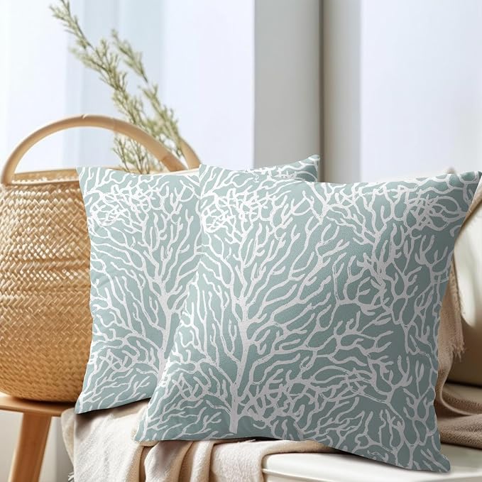 Nautical Coastal Coral Pillow Covers 16x16 Inch Set of 2 Summer Ocean Beach Seafoam Blue Decorative Pillow Cases Outdoor Linen Cushion Cover Farmhouse Decor for Bedroom Home Sofa Couch Bed
